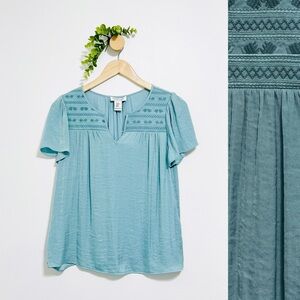 Rachel Zoe Light Blue Embroidered Fairy Romantic Flutter Sleeves Blouse